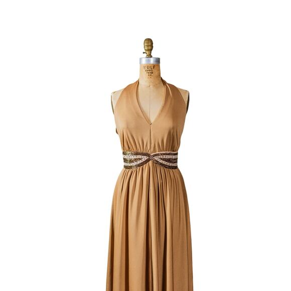 VTG 70s Lee Jordan Halter Maxi Dress Tan Rhinestone Evening Gown, Glam Disco M L - Picture 16 of 16